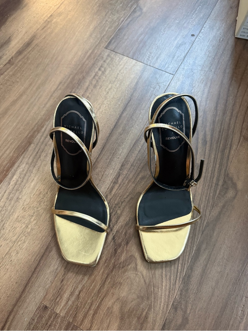 Michael Costello Metallic Gold Strappy Square-Toe Heels